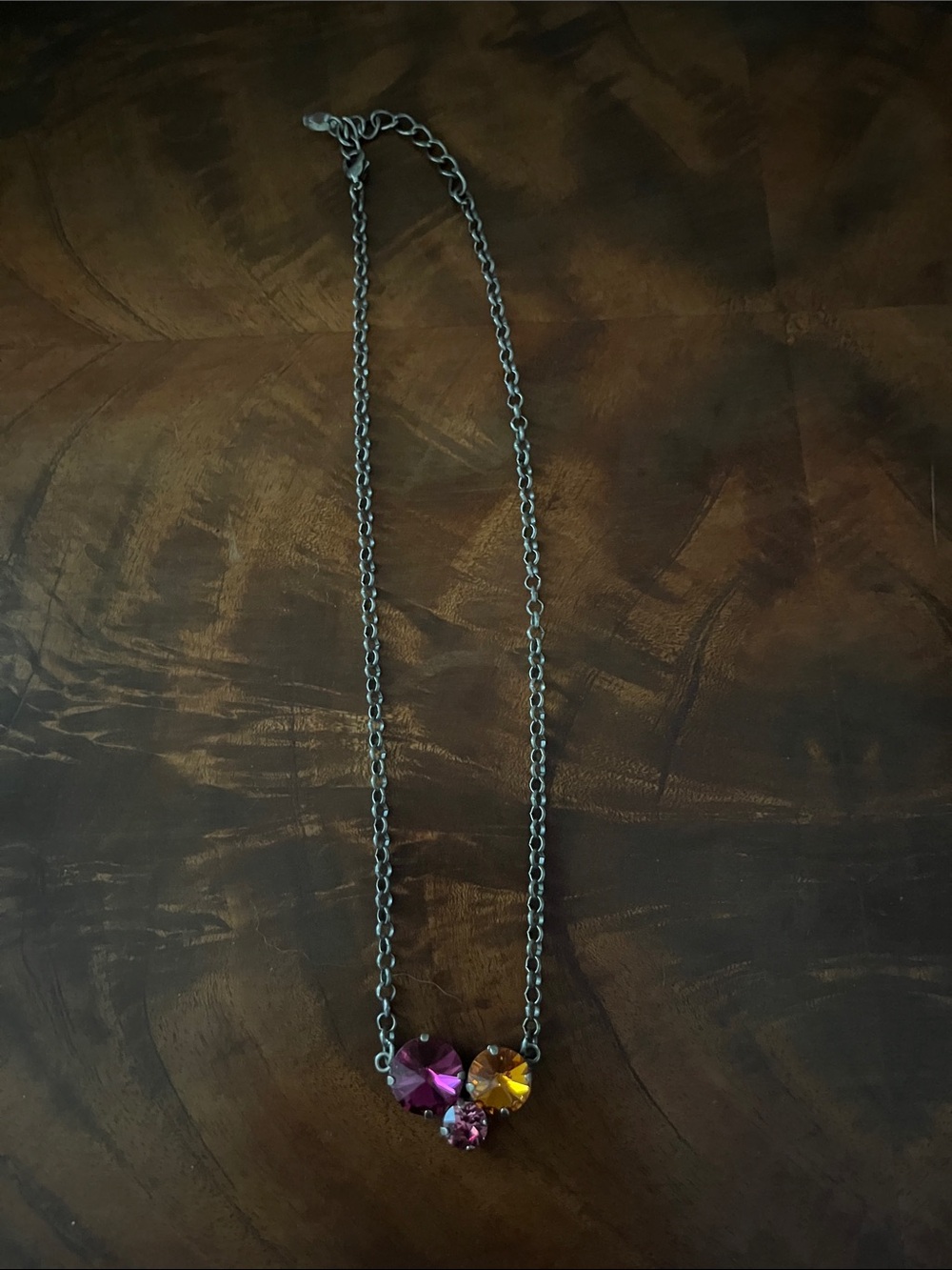 Artisan Triple Stone Crystal Necklace With Gunmetal Chain